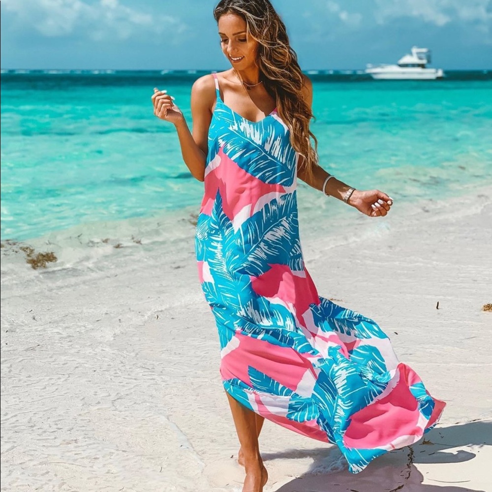 Pink and turquoise palm print maxi dress.